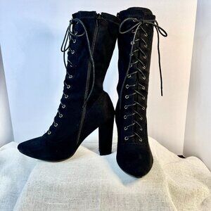 🖤 Spooky Season Staple!  Lace-Up Mid-Calfs – Black Pointed Toe -Solid Heels
